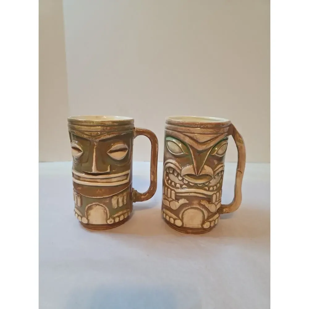 2 Vintage Ceramic Tiki Mugs with Handles 5.5